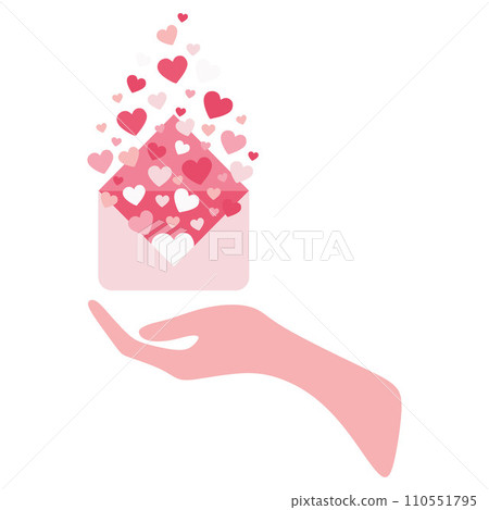 Hands holding Love letter with Flying out Hearts, Valentines day envelope. Greeting Holiday card isolated on white background. Vector Flat Cartoon illustration for Social media post, Postcard, Poster. 110551795