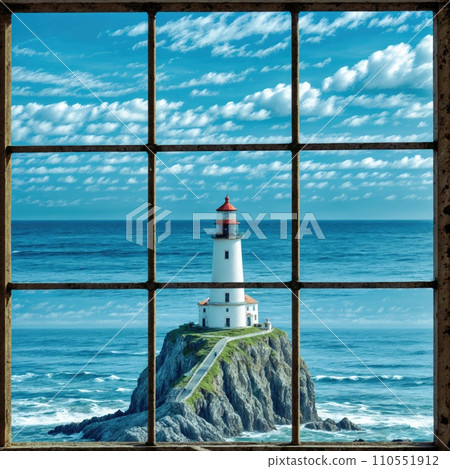 Lighthouse on the coast seen through the window. AI generated 110551912