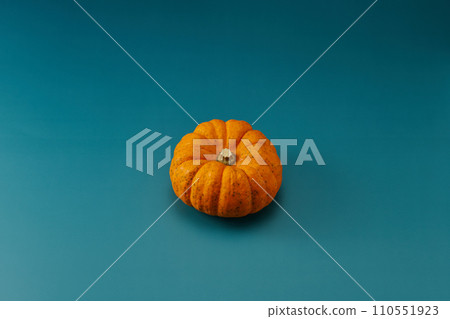 頭頂拍攝的綠色背景,中間有個小南瓜 頭頂拍攝的綠色背景,中間有個小南瓜 110551923