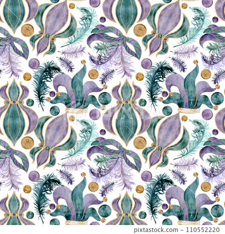 Hand drawn watercolor Mardi Gras carnival symbol. Jester fool hat, fleur de lis lily flower, mask domino feathers. Seamless pattern isolated on white background. Design for party, print, shop, package Hand drawn watercolor Mardi Gras carnival symbol. Jester fool hat, fleur de lis lily flower, mask domino feathers. Seamless pattern isolated on white background. Design for party, print, shop, package 110552220