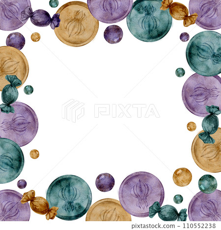 Hand drawn watercolor Mardi Gras carnival symbols. Rex coin doubloon throw, fleur de lis, glass beads baubles bonbons. Square frame isolated on white background. Design party invitation, print, shop Hand drawn watercolor Mardi Gras carnival symbols. Rex coin doubloon throw, fleur de lis, glass beads baubles bonbons. Square frame isolated on white background. Design party invitation, print, shop 110552238