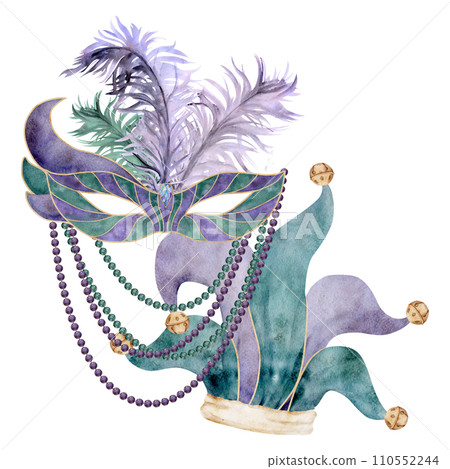 Hand drawn watercolor Mardi Gras carnival symbols. Theater masquerade circus mask feathers, jester fool hat bells. Composition isolated on white background. Design for party invitation, print, shop Hand drawn watercolor Mardi Gras carnival symbols. Theater masquerade circus mask feathers, jester fool hat bells. Composition isolated on white background. Design for party invitation, print, shop 110552244