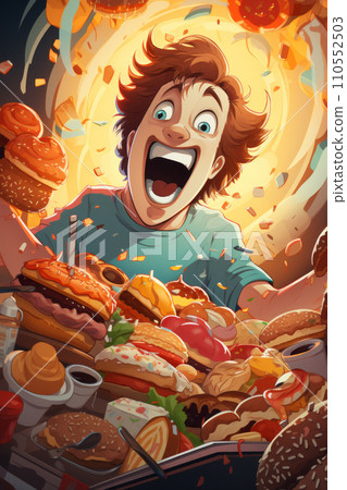 man with his mouth wide open, eagerly prepared to consume a pile of various junk foods placed in front of him. This portrays the concept of addiction to junk food. Generative AI 110552503