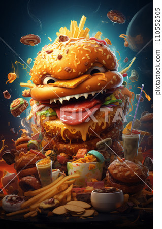 Monstrous burger created from an assortment of unhealthy fast foods, symbolizing the concept of junk food addiction. The burger monster looms large. Generative AI. 110552505