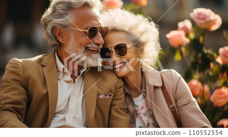 Heartwarming portrait, a happy elderly couple sits side by side on a quaint bench nestled in the midst of a beautiful botanical garden. Their smiles radiate pure joy and affection. Generative AI. Heartwarming portrait, a happy elderly couple sits side by side on a quaint bench nestled in the midst of a beautiful botanical garden. Their smiles radiate pure joy and affection. Generative AI. 110552554