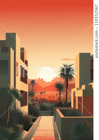 Simple and elegant minimalistic illustration capturing the essence of a sunset in Los Angeles. Generative AI. 110552567