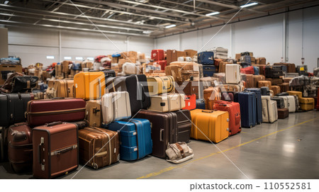 Storage unit overflowing with stacks of forgotten and abandoned luggage. Generative AI. 110552581