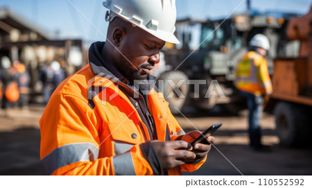 Black African mining construction worker with smartphone. Generative AI. Fictional person.  110552592