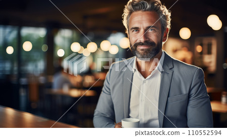 Entrepreneur in his 50s seated in a cozy cafe, holding a cup of espresso. Generative AI Fictional person. 110552594