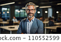 Seasoned entrepreneur in his 50s stands confidently in his well-organized office, arms crossed. Generative AI. Fictional person.  110552599