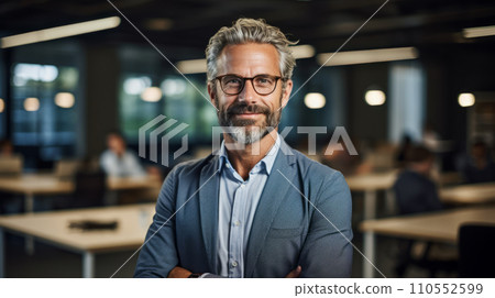 Seasoned entrepreneur in his 50s stands confidently in his well-organized office, arms crossed. Generative AI. Fictional person.  110552599