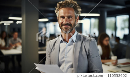 smiling entrepreneur in his 50s stands confidently in his well-appointed office, holding a stack of papers. Generative AI. Fictional person.  110552602