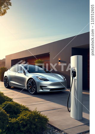 Eco-friendly electric car is conveniently parked in the driveway of a modern home, seamlessly connected to a built-in charging station. Generative AI 110552605