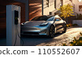Eco-friendly electric car is conveniently parked in the driveway of a modern home, seamlessly connected to a built-in charging station. Generative AI 110552607