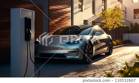 Eco-friendly electric car is conveniently parked in the driveway of a modern home, seamlessly connected to a built-in charging station. Generative AI 110552607
