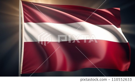 Close-up of Flag of the Republic of Latvia. Latvian flag waving in the wind against the sun 110552633