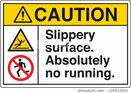 ANSI Z535 Safety Sign Marking Label Two Symbol Pictogram Standards Caution Fall Hazard Slippery Surface Absolutely No Running with Text Landscape White 110552653