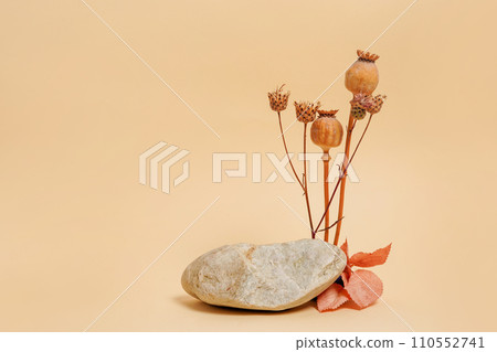 Autumn composition or podium for product with dried flowers and stone on beige background. Autumn fall decoration 110552741