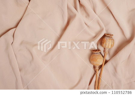 Dry yellow plants on natural beige fabric background with copy space 110552786