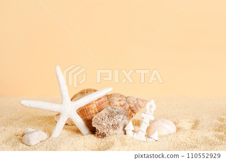 Seashells with starfish and stone on sand background. Sea summer card 110552929