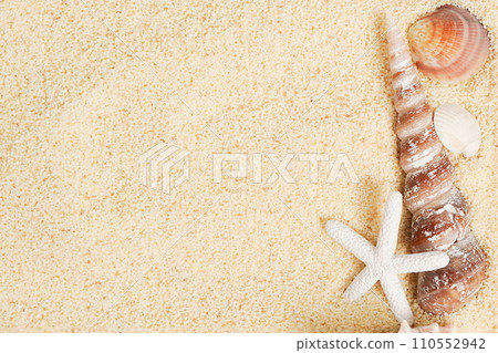 Seashells with starfish on sand background. Sea summer vacation frame card with space for the text Seashells with starfish on sand background. Sea summer vacation frame card with space for the text 110552942