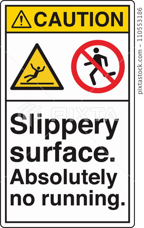ANSI Z535 Safety Sign Marking Label Two Symbol Pictogram Standards Caution Slippery Surface Absolutely No Running with Text Portrait White ANSI Z535 Safety Sign Marking Label Two Symbol Pictogram Standards Caution Slippery Surface Absolutely No Running with Text Portrait White 110553186
