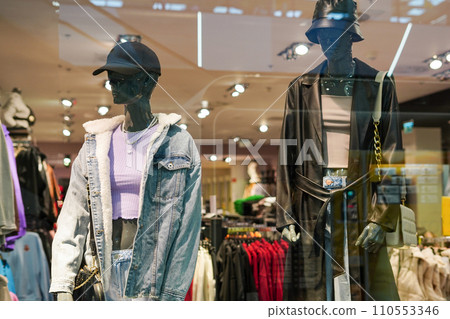 Female mannequins in women fashion store, Sale of clothes Female mannequins in women fashion store, Sale of clothes 110553346