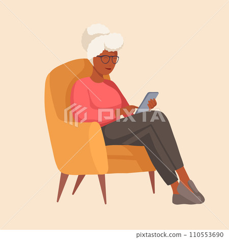 Vector illustration of african grandmother sitting in a chair with a phone in warm colors. Communication with the older generation via the Internet 110553690