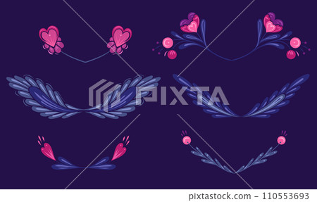 Vector festive set of floral frames for Valentines day. Decorative folk art cliparts with pink flowers, hearts and stems with foliage Vector festive set of floral frames for Valentines day. Decorative folk art cliparts with pink flowers, hearts and stems with foliage 110553693