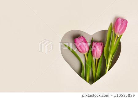 Greeting card with pink tulips in heart shape. Anniversary concept.Flat lay Greeting card with pink tulips in heart shape. Anniversary concept.Flat lay 110553859