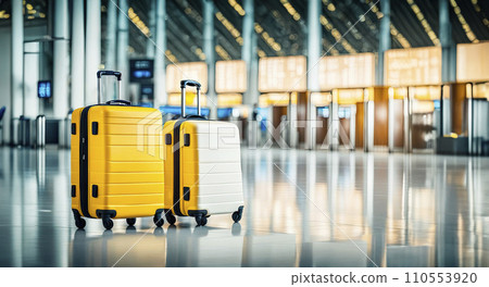 Travel Fashion. Closeup of two plastic suitcases standing at empty airport corridor, terminal hall, banner for air travelling Travel Fashion. Closeup of two plastic suitcases standing at empty airport corridor, terminal hall, banner for air travelling 110553920