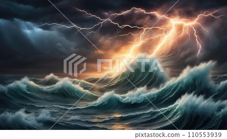 Dark stormy sea with a dramatic cloudy sky. Thunderstorm at the sea 110553939