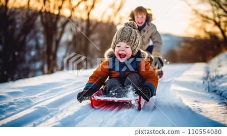 Winter Fun: Kids Sledging on a Snowy Hill - Generative AI 110554080