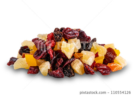 Pile of various dried tropical fruit isolated on white background. Pile of various dried tropical fruit isolated on white background. 110554126