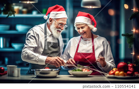Senior Couple Cooking Christmas Dinner in Santa Hats - Generative AI 110554141