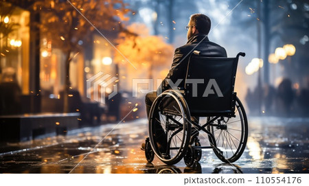 Disabled Man in Wheelchair Amidst Urban Scenery - Generative AI 110554176