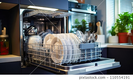 Kitchen Harmony: Set of Clean Dishes in an Open Dishwasher Kitchen Harmony: Set of Clean Dishes in an Open Dishwasher 110554191