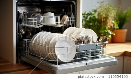 Dishwashing Delight: Tidy Arrangement of Clean Dishes in the Kitchen 110554193