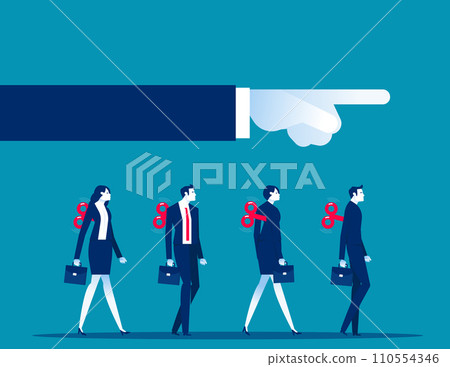 Clockwork toy businesspeople walk in unison as big hand controls their direction. Business vector illustration concept 110554346