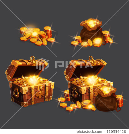 Realistic Detailed 3d Different Wooden Chest Set Game Interface Concept. Vector illustration of Old Chests with Gold Coins Realistic Detailed 3d Different Wooden Chest Set Game Interface Concept. Vector illustration of Old Chests with Gold Coins 110554428