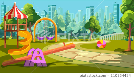 Cartoon Color Playground Kids in Summer City Outdoor Play Ground Concept Flat Design Style. Vector illustration 110554434