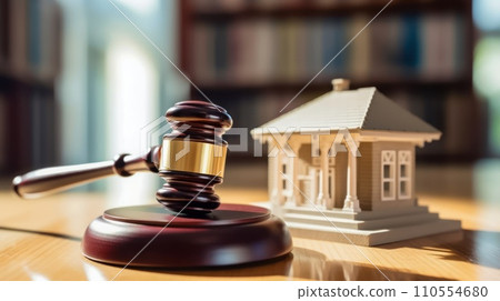 Insurance Claims Under Scrutiny: Judge's Gavel Next to Miniature House - Generative AI 110554680