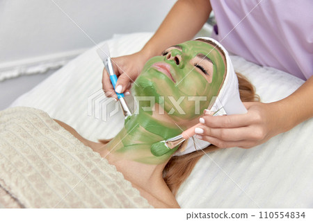 female beautician applies the mask to the face of beautiful woman in the spa salon. facial skin care 110554834