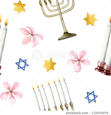 Shabbat candles, Jewish menorah, stars of David and flowers watercolor seamless pattern on white background for meeting of Saturday 110554970