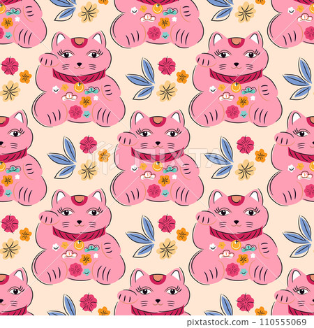 Awesome maneki-neko cats  seamless pattern  110555069