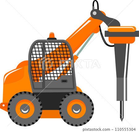 Mobile Quarry Truck with Hydraulic Jack Hammer Icon in Flat Style. Vector Illustration 110555304