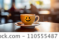 Cafe Cheer: Coffee Cup with Emoticon on Blurred Background 110555487