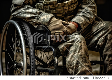 Strength in Adversity: Soldier in Wheelchair Wearing Uniform - Generative AI 110555497