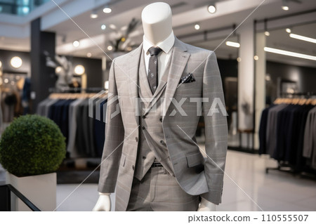 Luxury Tailoring: Showcase of a Stylish Classic Suit on a Mannequin in a High-End Fashion Store Luxury Tailoring: Showcase of a Stylish Classic Suit on a Mannequin in a High-End Fashion Store 110555507