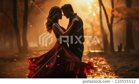 Dancing in Nature's Embrace: Silhouettes of a Young Couple in Love 110555512